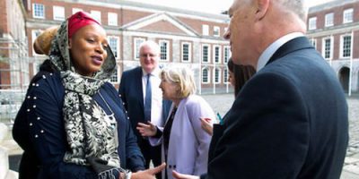 Fatima Mofokeng, participant of JRS Ireland' Fáilte Project, and David Stanton, Minister of State for Equality, Immigration and Integration in Ireland.