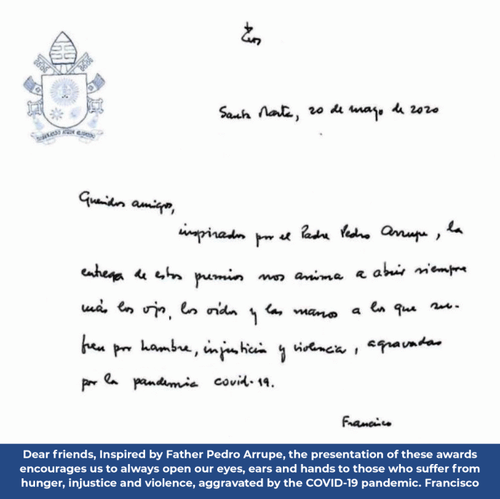 Pope Francis's note fro the Padre Arrupe Award.
