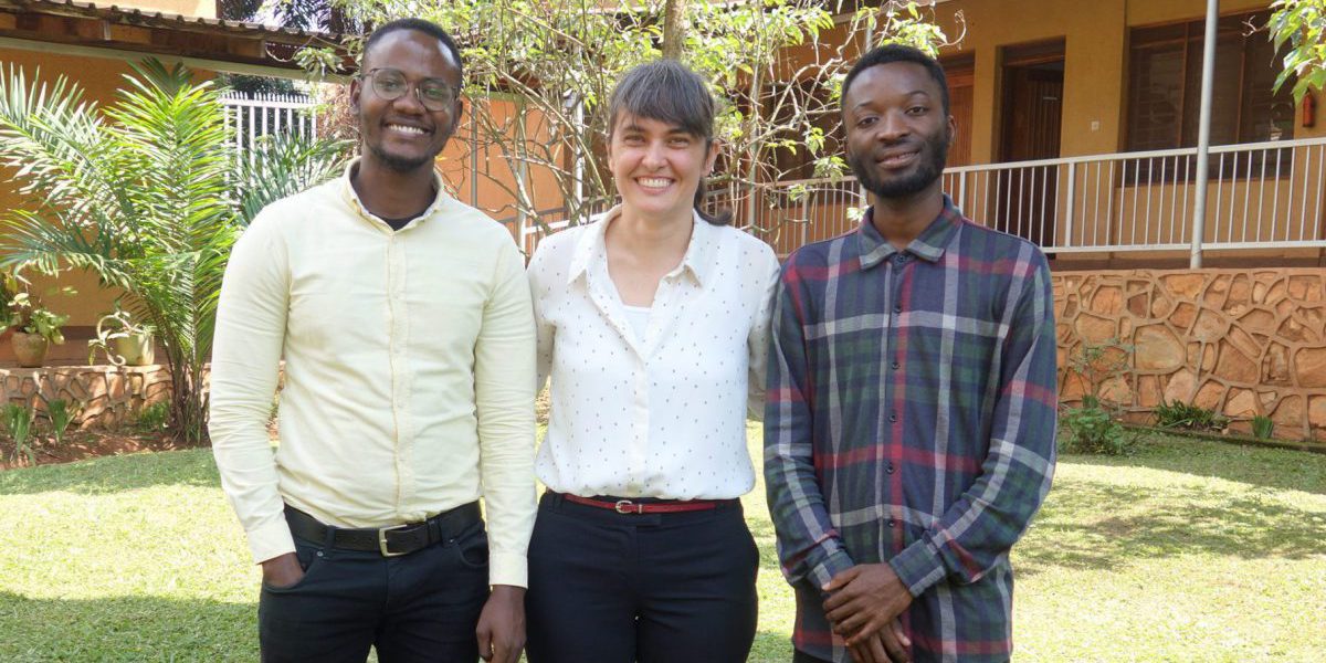 Christina Zetlmeisl, JRS Uganda Country Director stands between Patrick Muhimpundu, graduate from our Advanced Computer Networking course at Makerere University who together with Simeon Chubaka, also graduate from Makerere, have started their own company Sota Spot in providing internet service in Kampala town.