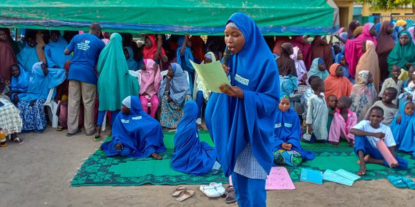 With the support of the European Union, JRS is providing access to safe and quality learning environment to school-aged children, in Nigeria. Children participating in EU-funded education project in Borno State, Nigeria (Jesuit Refugee Service).
