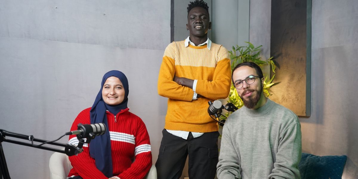 From the right: Muhyi, Khamis, and Ghaithaa, the three creators of the podcast (CRP - Collateral Repair Project). The Re:Diaries is a podcast created with the aim of elevating the voices of refugee communities in Jordan.
